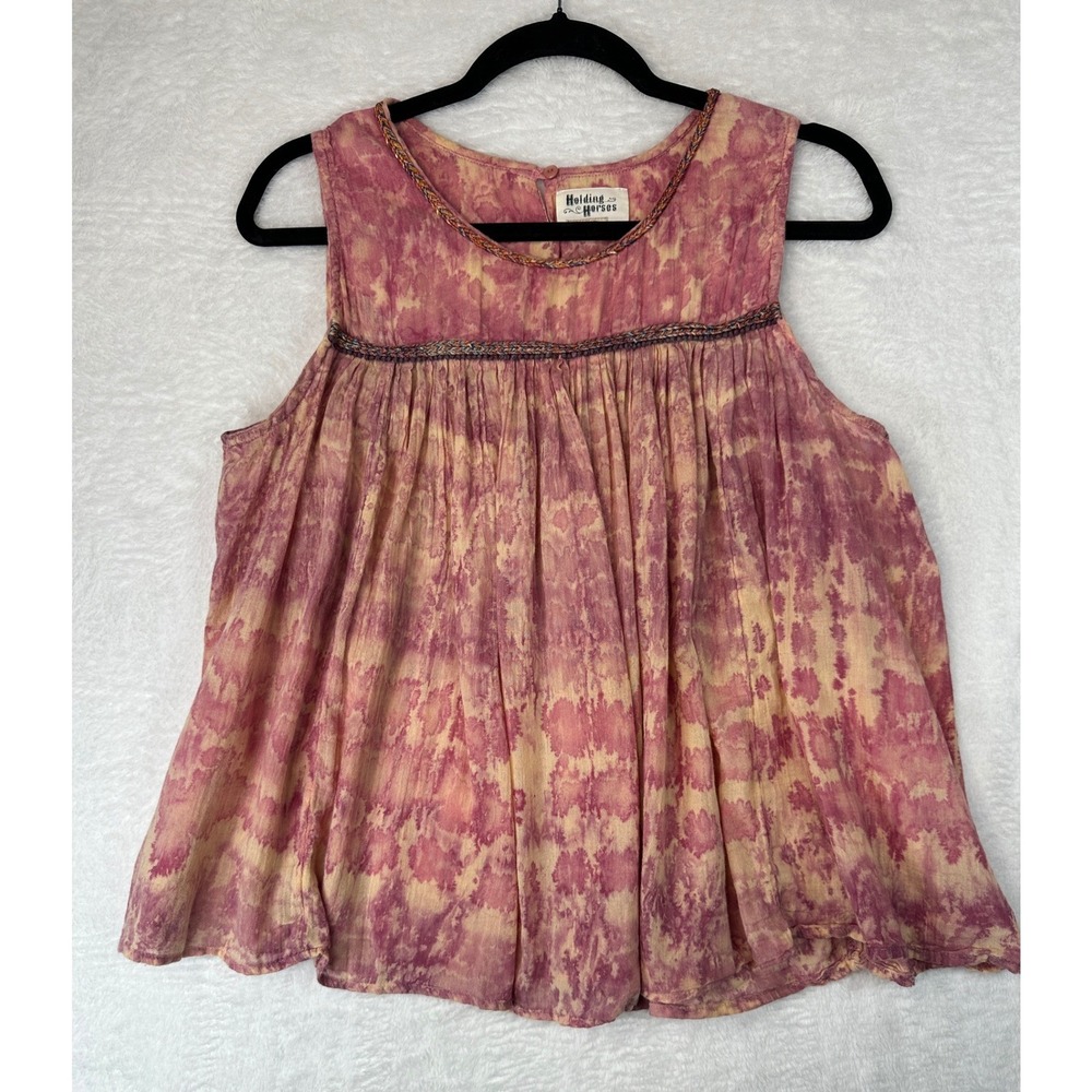 Holding Horses Top Womens 12 Pink Tie Dye Braided Trim Sleeveless Blouse